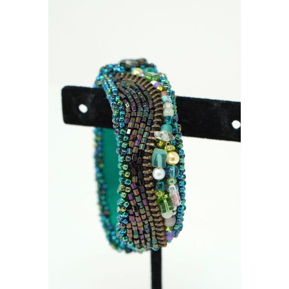 Beaded Cuff Bracelet Dichroic Glass Center Crystal Gems Zipper Hand‎ Made - Picture 8 of 9